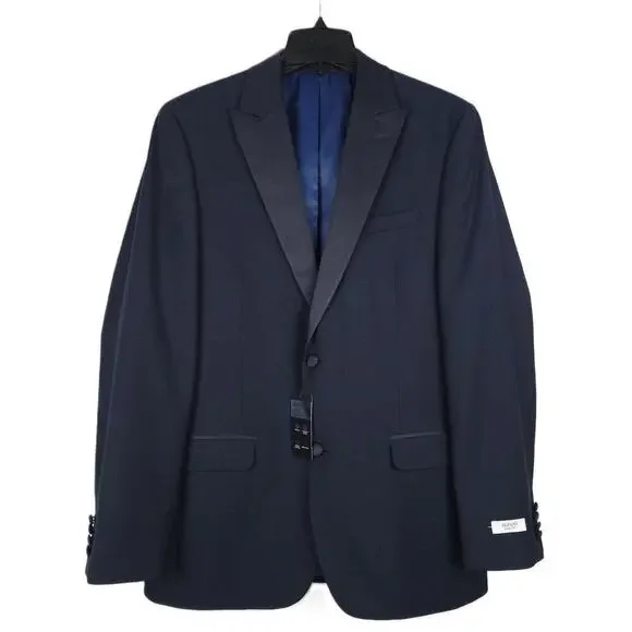 Alfani Mens Slim Fit 2 Piece Tuxedo Suit 42L 33x32 Navy Stretch Diamond Grid NWT